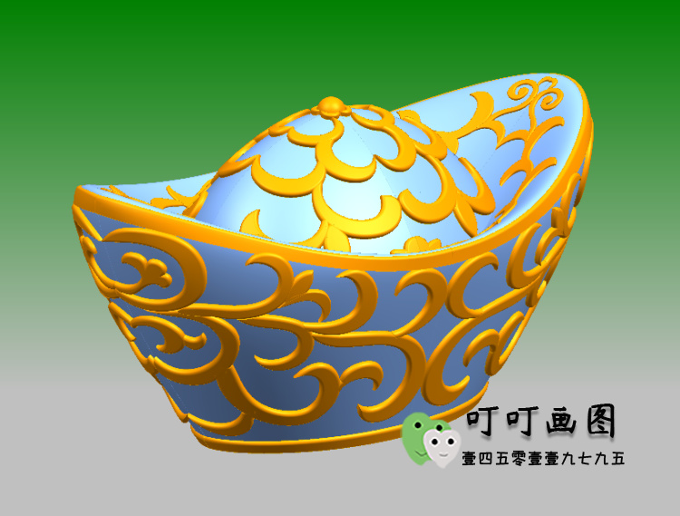 精雕元寶3d圓雕圖設計畫圖,3d浮雕花紋工藝品設計,金銀銅鑄設計圖片