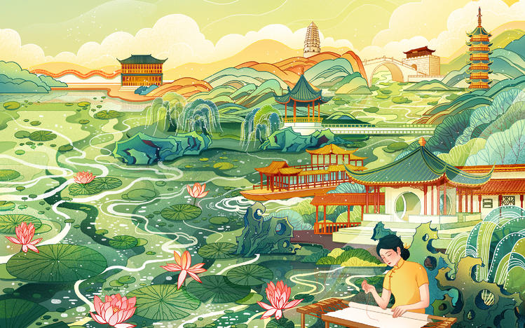 中国地理环游《跟着诗词去旅行》封面插画设计图片